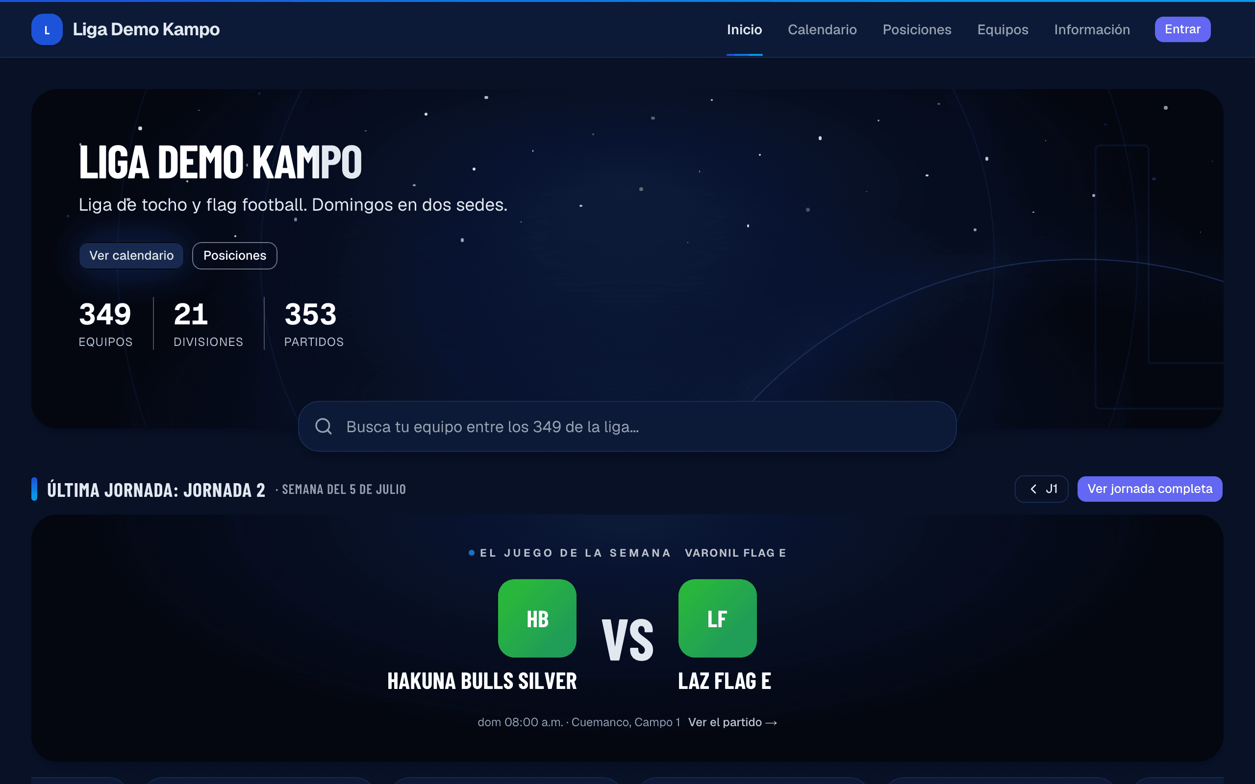 Portal público de una liga en Kampo con próximos partidos y divisiones