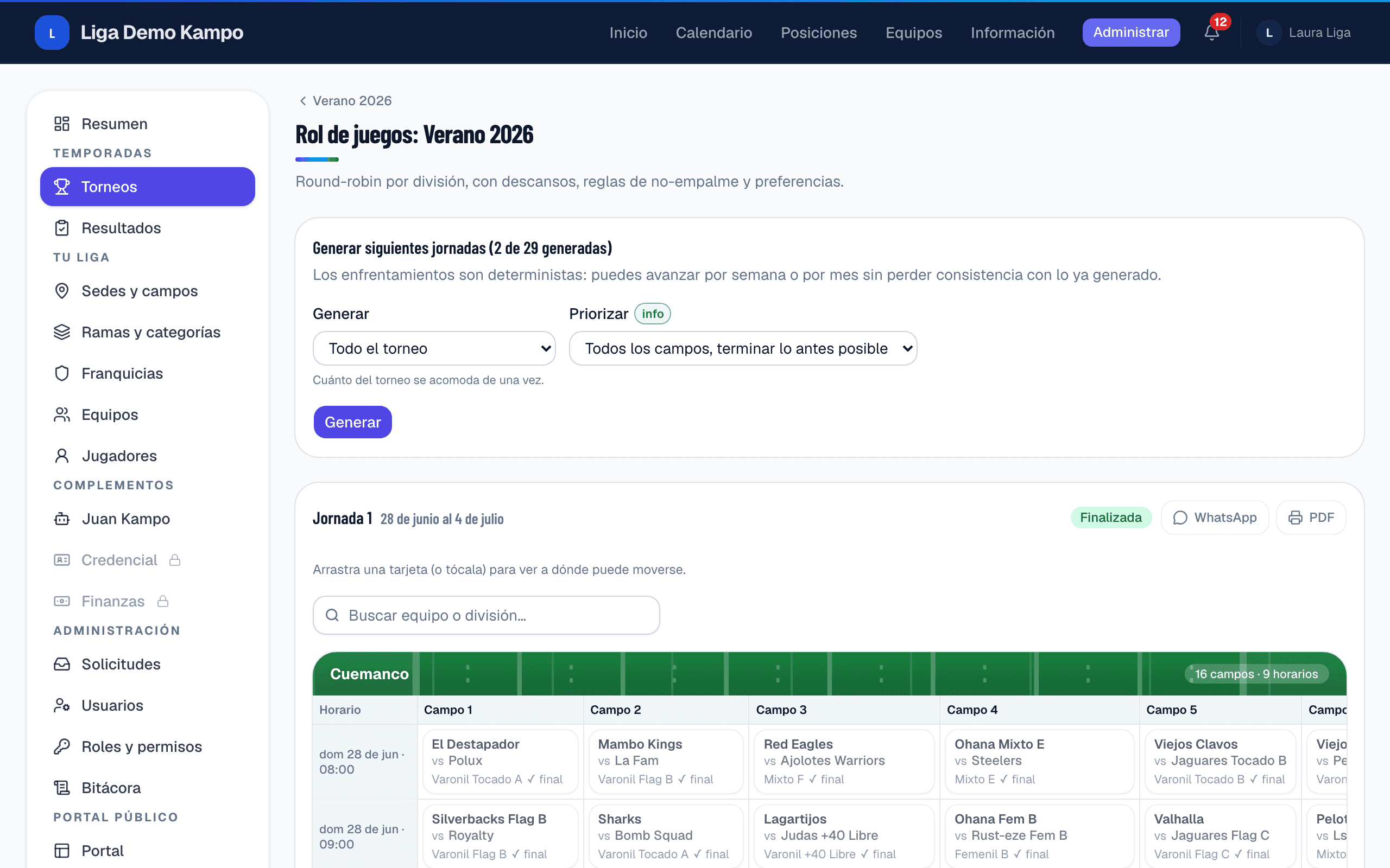 Tablero de calendario de Kampo con cientos de partidos organizados por sede, campo y horario